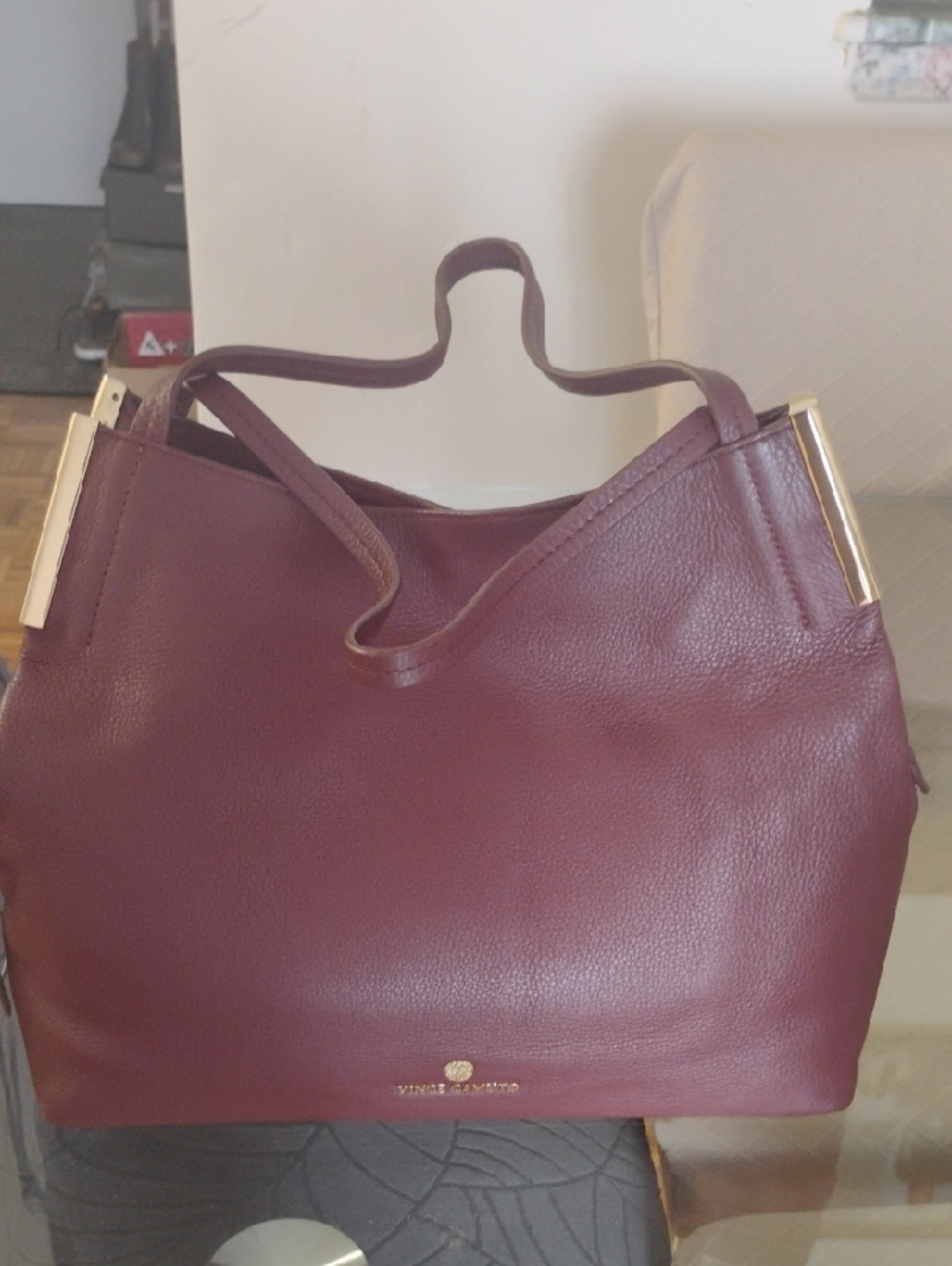 Vince Camuto Burgundy Pebbled Leather Shoulder Bag with Gold Accents